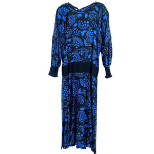 Vintage 80s Jeanne Marc Maxi Dress Black Blue Print Art To wear Smocked Size 10